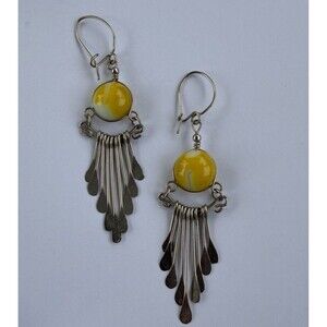 Vtg Silver Paddle Fringe Dangle Earrings w/Yellow Glass Bead Boho